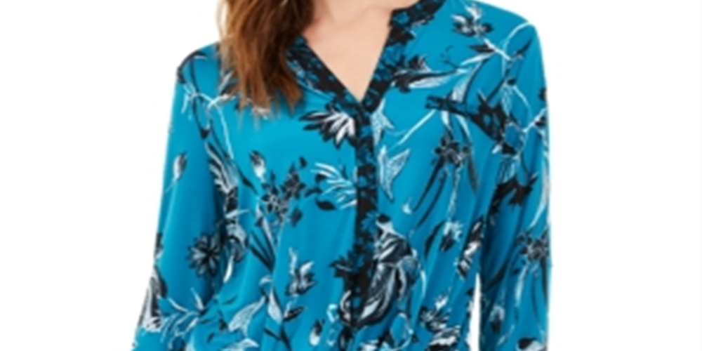 INC Women's  Twist-Front Top  - Pumpkin Blooms Green Size Medium