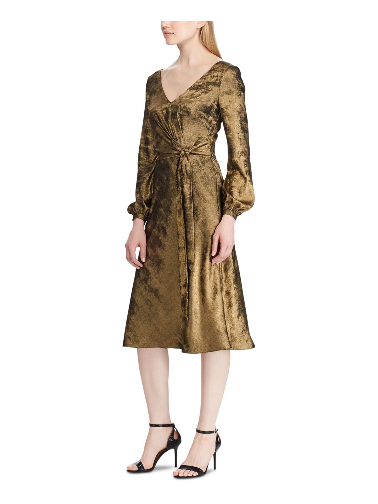 Ralph Lauren Women's Glitter Long Sleeve V Neck Tea Length Wrap Party Dress Yellow Size 18