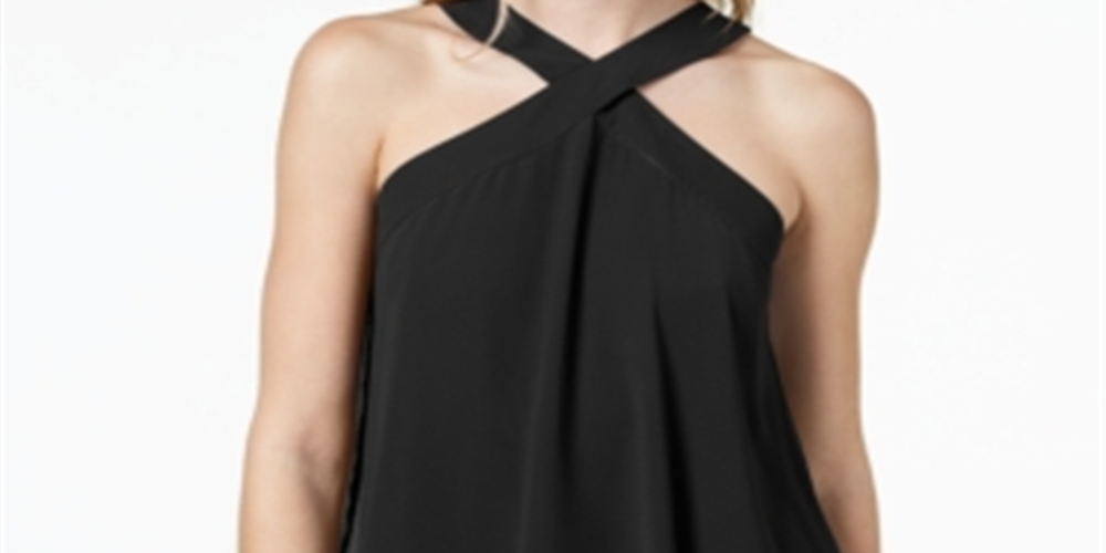 Bar III Women's Flutter Overlay Criss-Cross Halter Top Black Size S