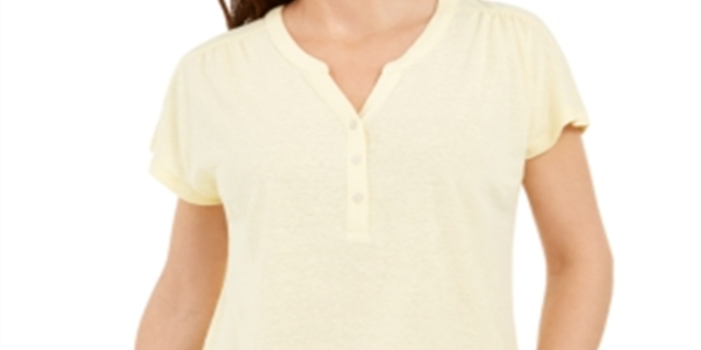 Style & Co Women's Dolman-Sleeve Henley Linen-Blend Top  Yellow  Size M