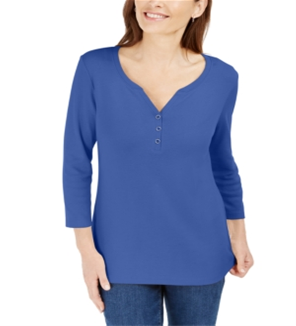 Karen Scott Women's 3/4 Sleeve Henley Shirt Blue Size M