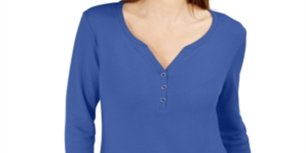 Karen Scott Women's 3/4 Sleeve Henley Shirt Blue Size M