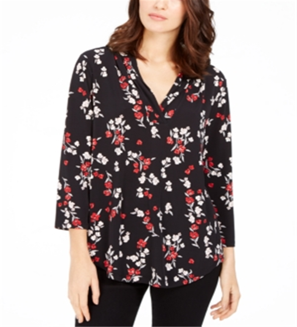 Charter Club Women's Floral Print Pleated V-Neck Blouse  Black Size Large