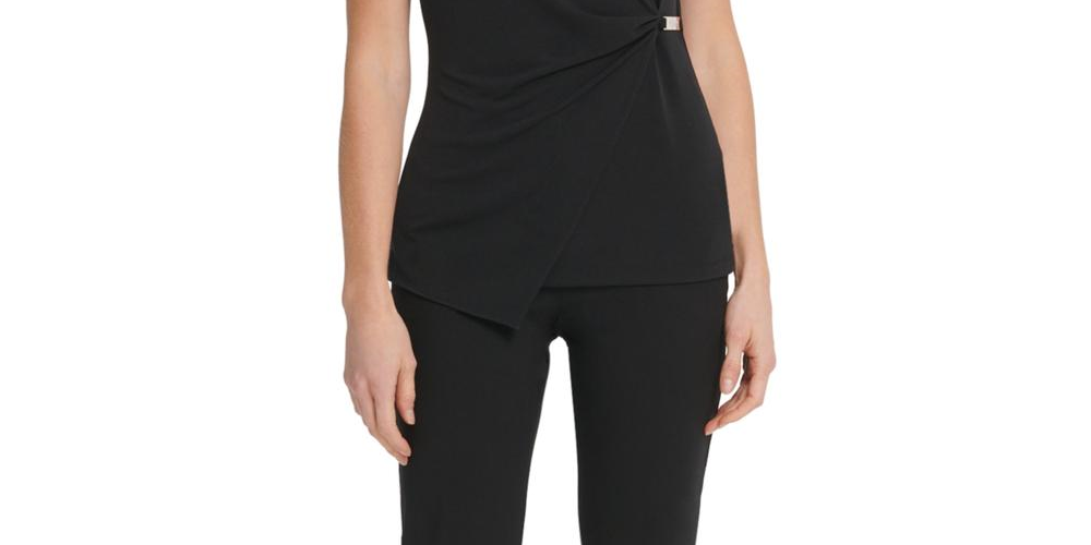DKNY Women's Wrap Top V-Neck Sleeveless  Black Size XL