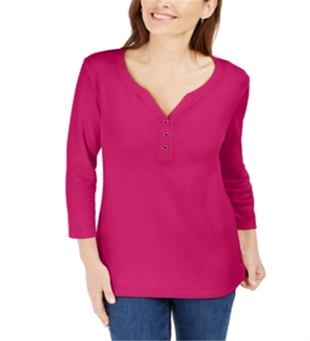 Karen Scott Women's 3/4-Sleeve Henley Shirt in Regular and Petite  Pink Size M