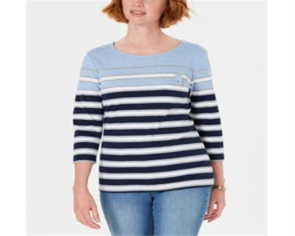 Karen Scott Women's Serena Striped Pocket Top   Blue Size Petite P