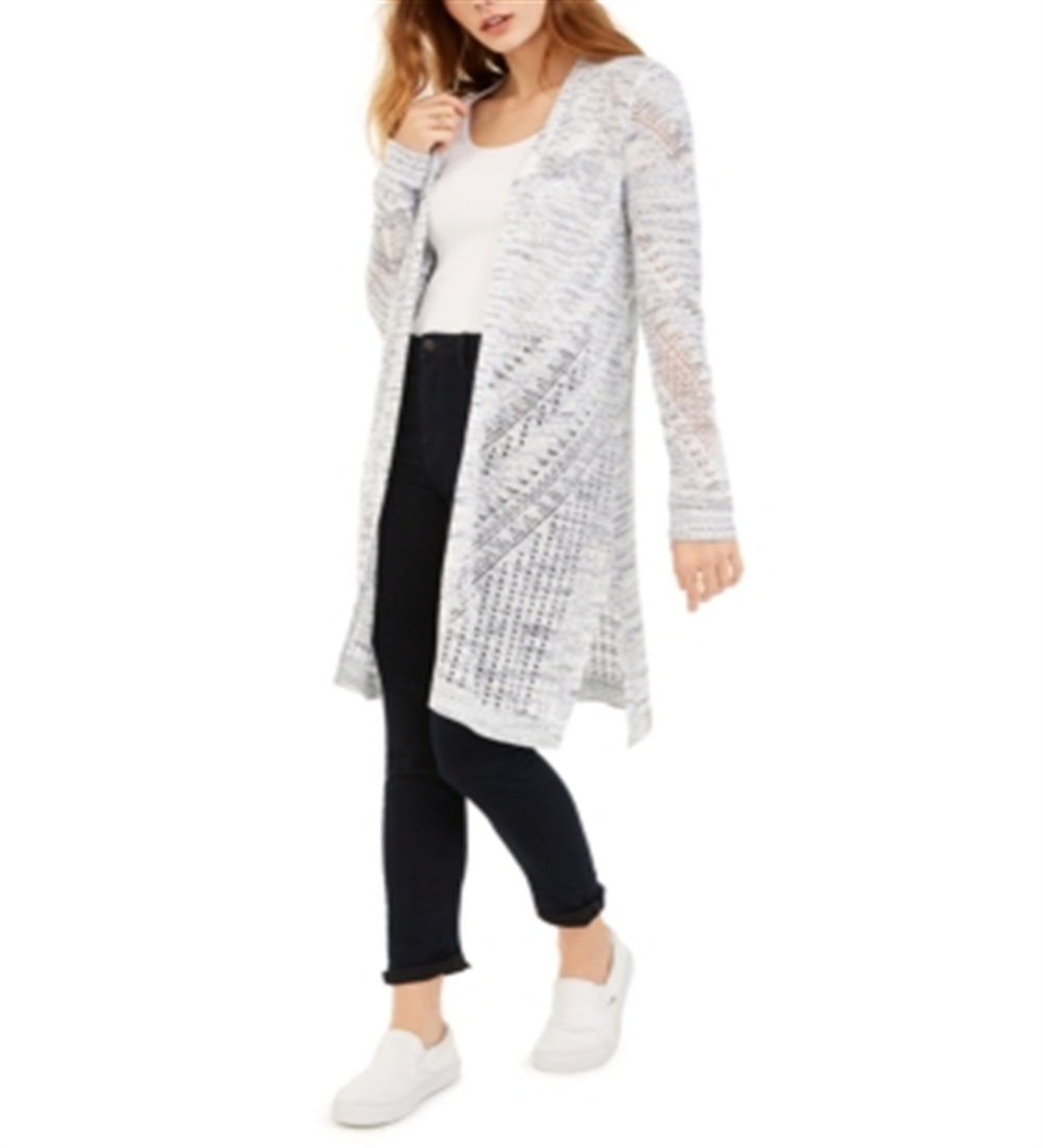 Hooked up by Iot Juniors' Pointelle Cardigan - Denim Spacedye Blue Size Large