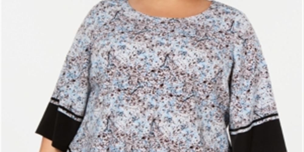 Alfani Women's Plus Size Printed V-Hem Top Blue Splatter Border Size1X