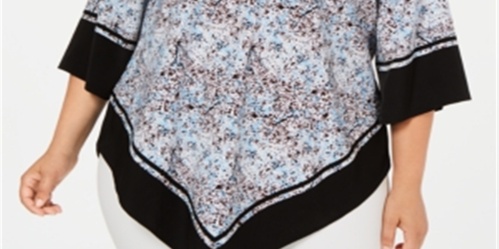 Alfani Women's Plus Size Printed V-Hem Top Blue Splatter Border Size1X