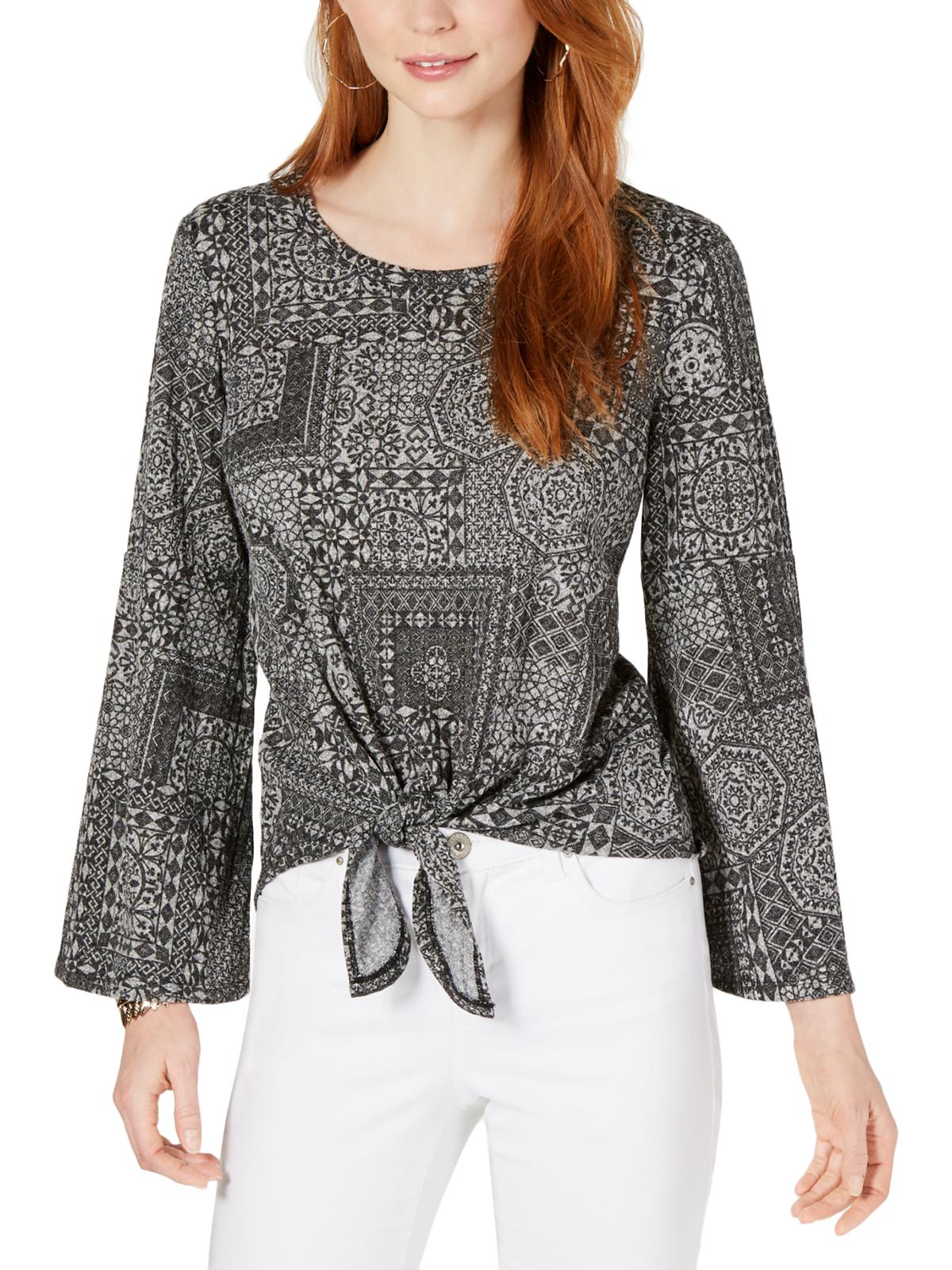 Style & Co. Women's Printed Tie Front Blouse Black Size Petite L