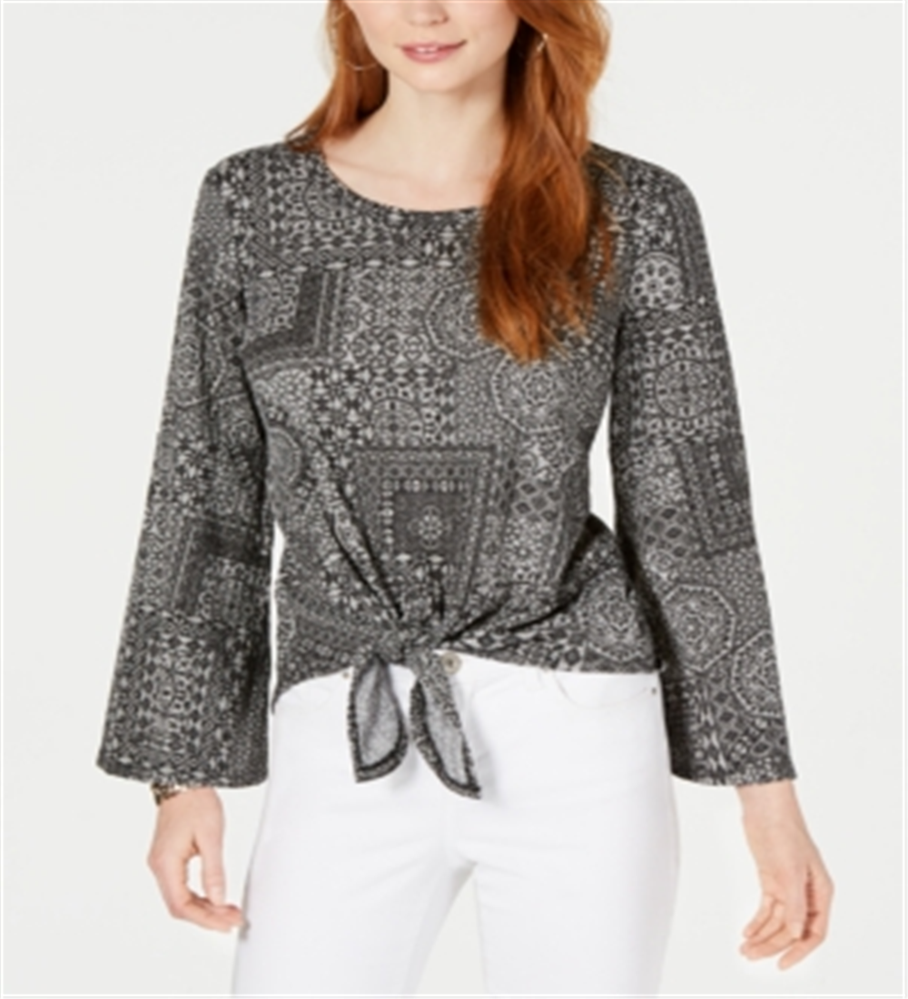 Style & Co. Women's Printed Tie Front Blouse Black Size Petite L