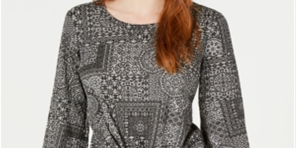 Style & Co. Women's Printed Tie Front Blouse Black Size Petite L