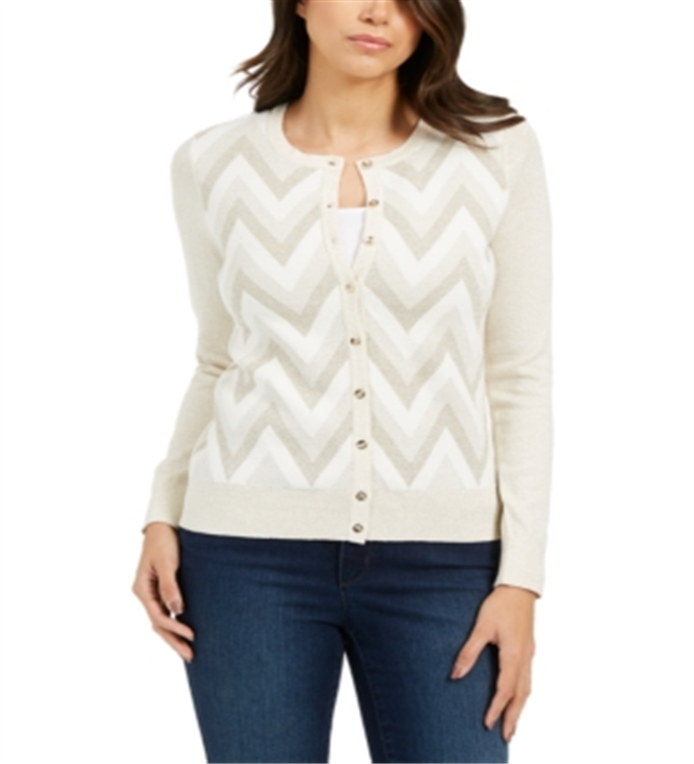 Charter Club Women's Petite Chevron-Print Metallic-Threaded Cardigan Cloud Combo White Size Petite S