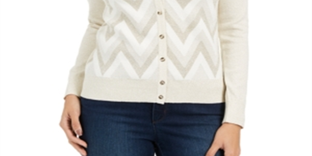 Charter Club Women's Petite Chevron-Print Metallic-Threaded Cardigan Cloud Combo White Size Petite S