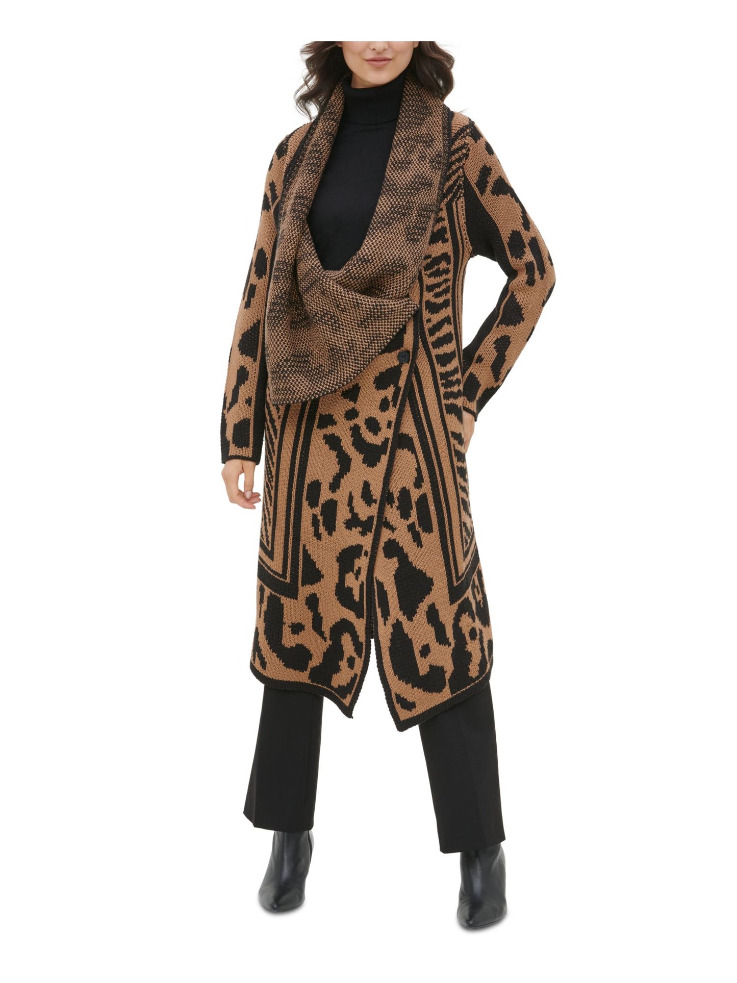 Calvin Klein Women's  Wing Collared Animal Print Long Sleeve Open Cardigan Sweater Brown Size XL