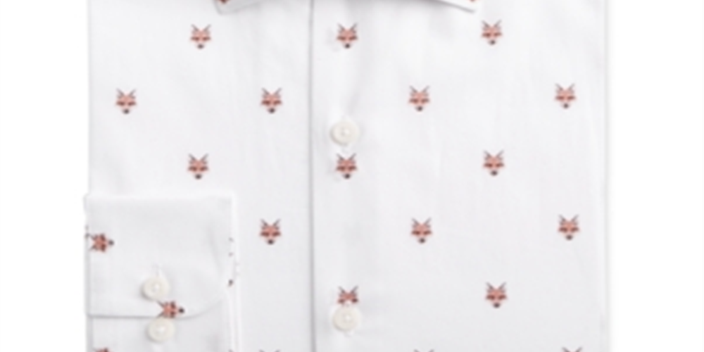 Bar IIII Men's Slim Fit Stretch Fox Head Print Dress Shirt White Size XL