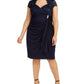 Betsy Adam Women's Embellished Lace Short Sleeve Queen Anne Neckline Knee Length Sheath Evening Dress Size  Navy Size 18W