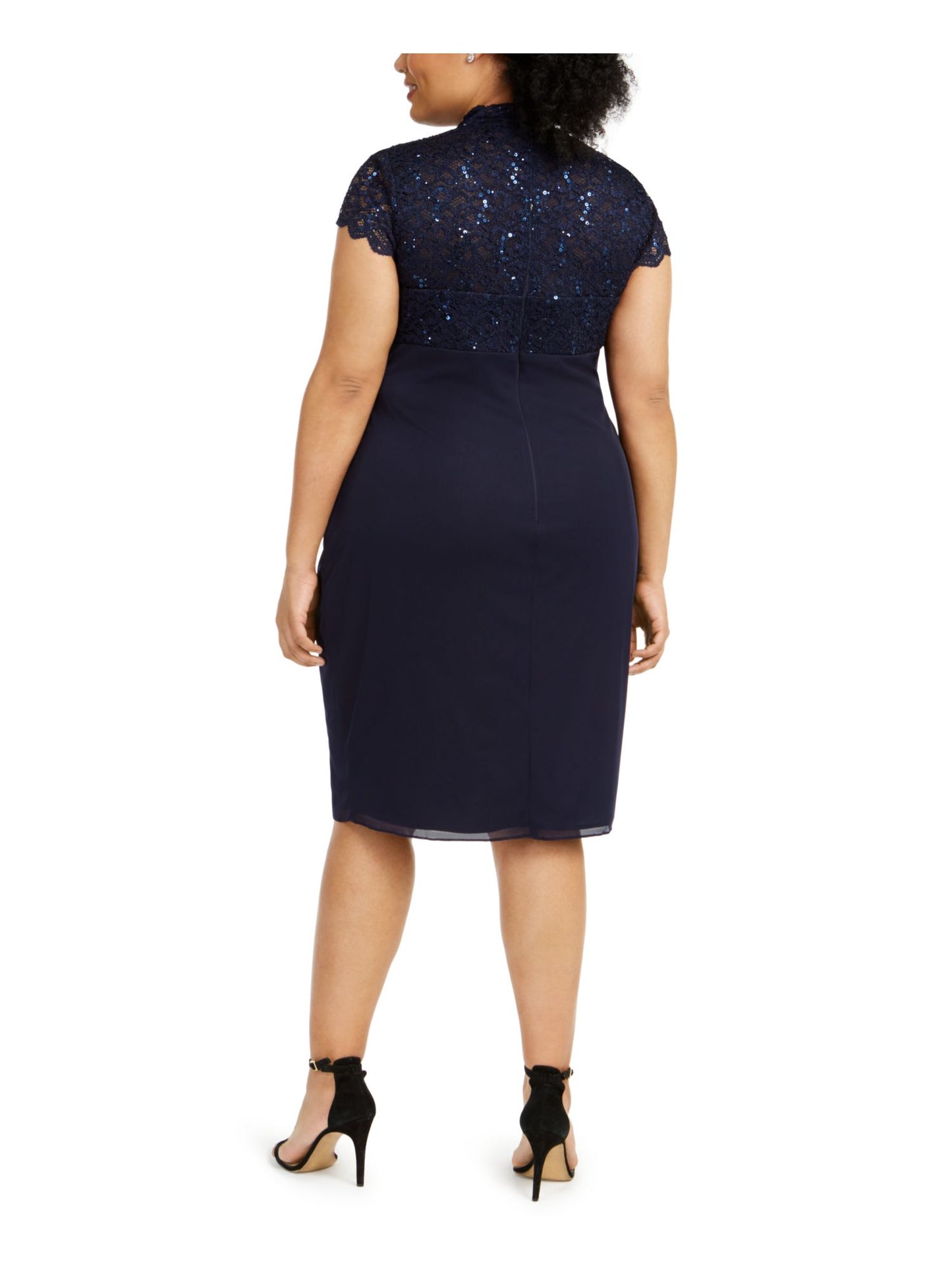 Betsy Adam Women's Embellished Lace Short Sleeve Queen Anne Neckline Knee Length Sheath Evening Dress Size  Navy Size 18W