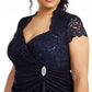 Betsy Adam Women's Embellished Lace Short Sleeve Queen Anne Neckline Knee Length Sheath Evening Dress Size  Navy Size 18W