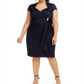 Betsy Adam Women's Embellished Lace Short Sleeve Queen Anne Neckline Knee Length Sheath Evening Dress Size  Navy Size 18W