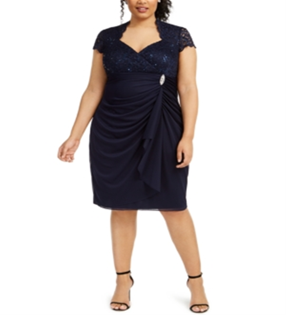 Betsy Adam Women's Embellished Lace Short Sleeve Queen Anne Neckline Knee Length Sheath Evening Dress Size  Navy Size 18W