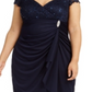 Betsy Adam Women's Embellished Lace Short Sleeve Queen Anne Neckline Knee Length Sheath Evening Dress Size  Navy Size 18W