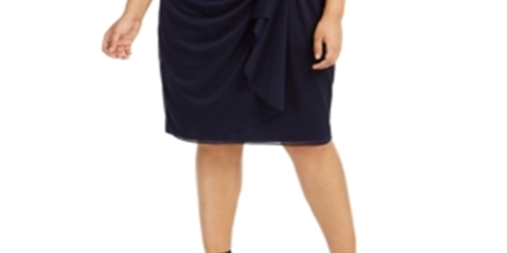 Betsy Adam Women's Embellished Lace Short Sleeve Queen Anne Neckline Knee Length Sheath Evening Dress Size  Navy Size 18W