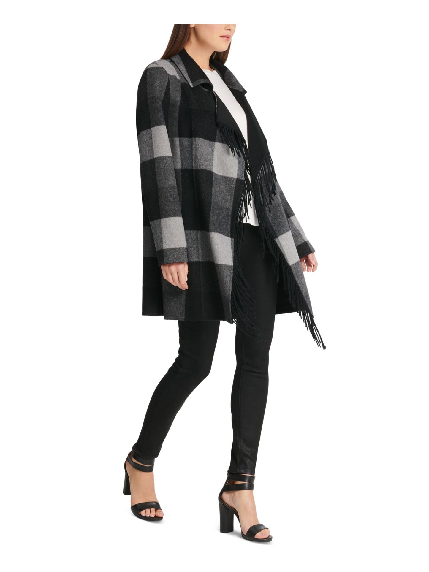 DKNY Womens Black Fringed Check Coat Size M