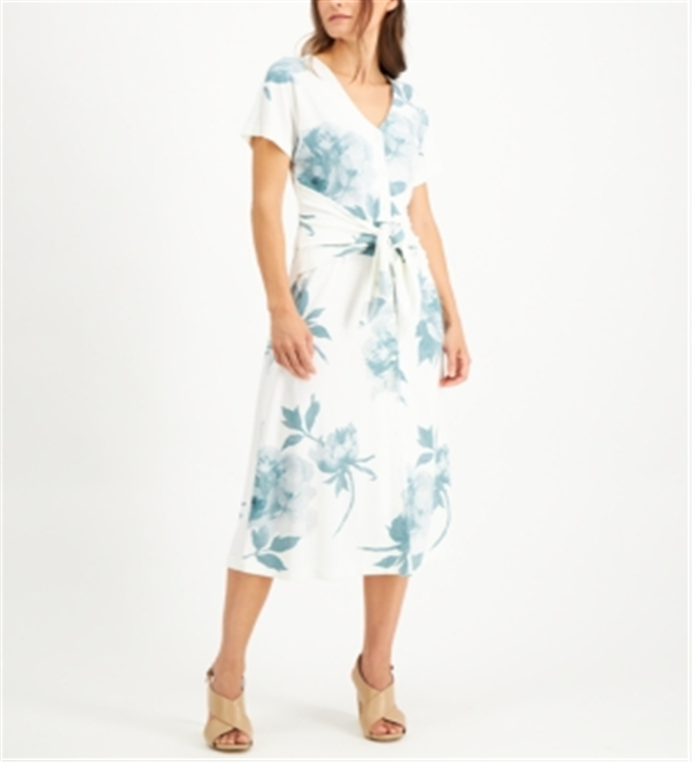 Alfani Women's Floral Print Tie Front Shirtdress Ivory Size M
