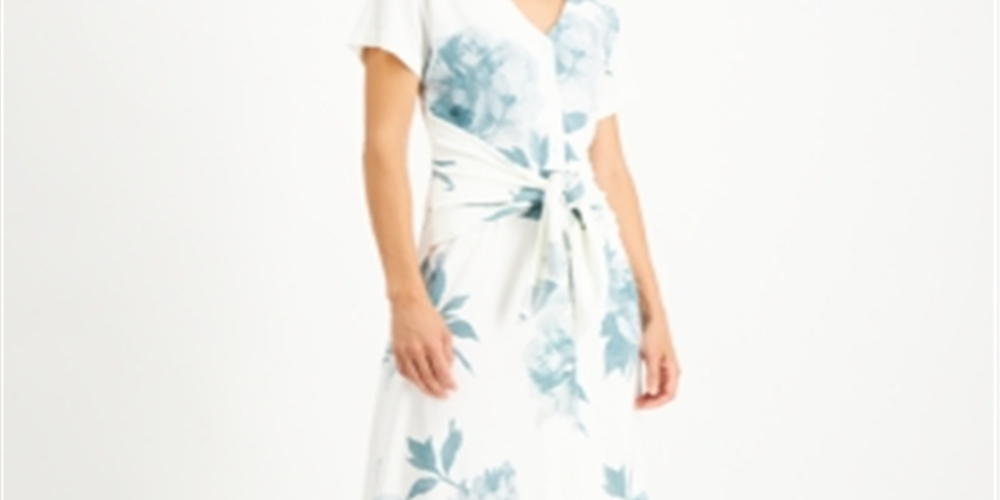 Alfani Women's Floral Print Tie Front Shirtdress Ivory Size M