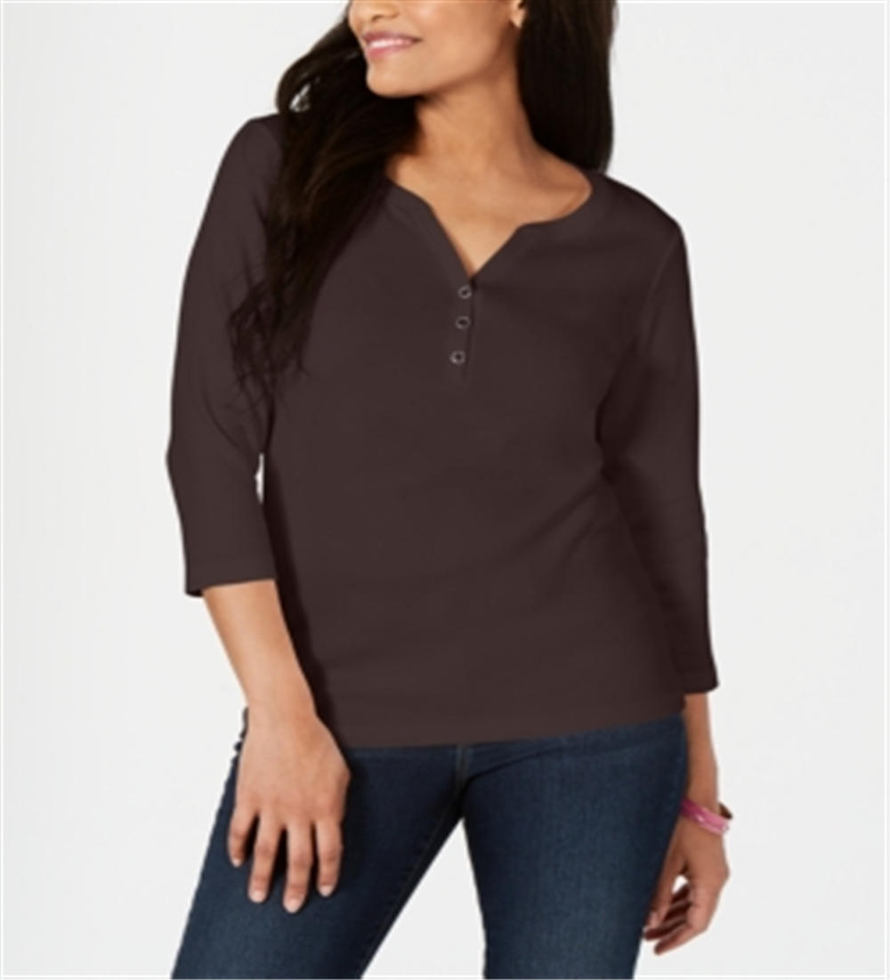 Karen Scott Women's Petite Cotton Henley Shirt  Chocolate  Size Petite M