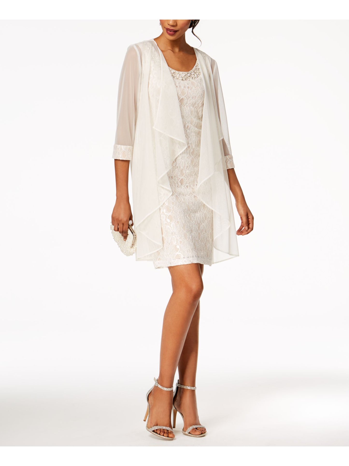 R&M Richards Women's Flyaway Jacket & Beaded Neck Dress Set  White Size 18