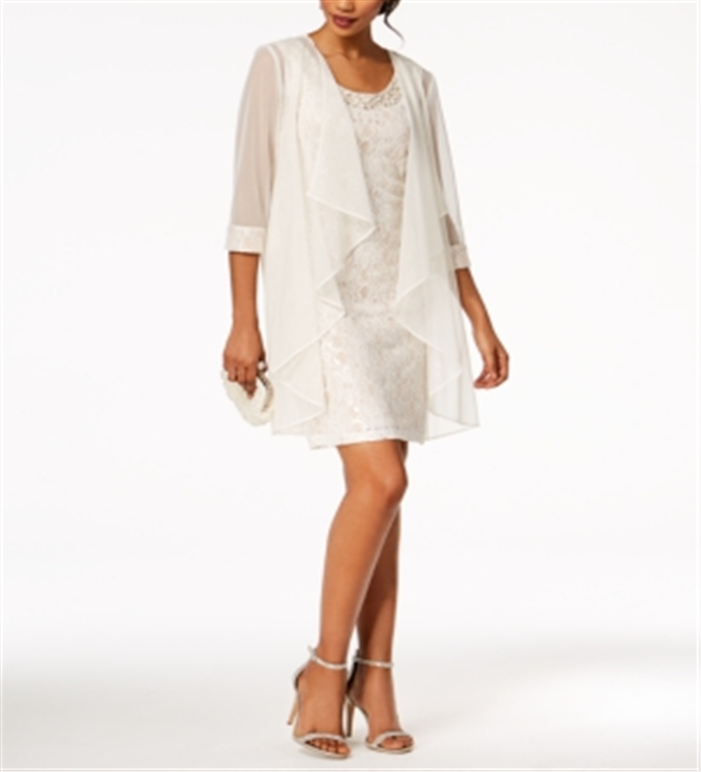 R&M Richards Women's Flyaway Jacket & Beaded Neck Dress Set  White Size 18