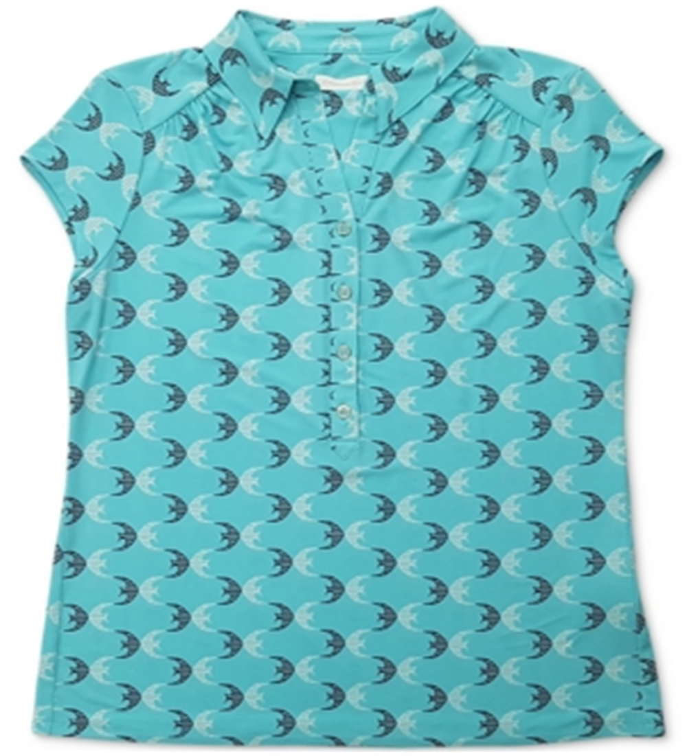 Charter Club Women's  Fish-Print Polo Shirt Light Pool Blue Combo Size L