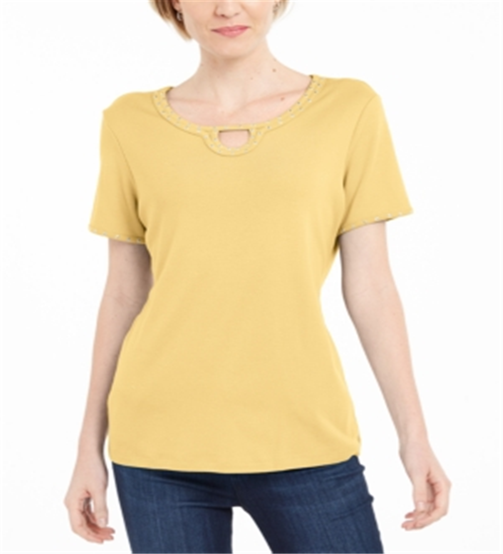 Karen Scott Women's Studded Keyhole Top Citron Aura Size XL