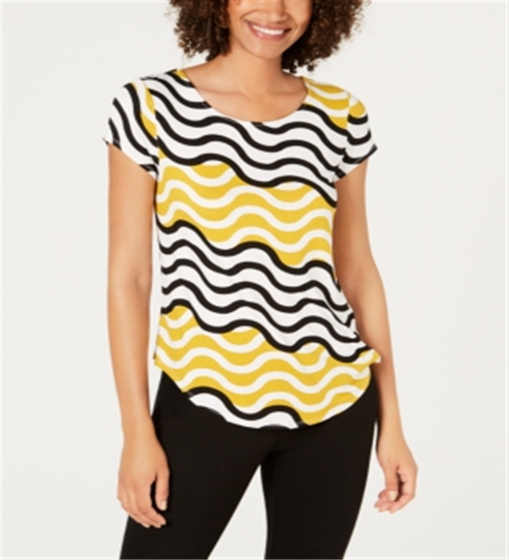 Alfani Women's Patterned Short Sleeve Jewel Neck Top Yellow Size PM