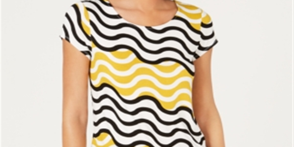 Alfani Women's Patterned Short Sleeve Jewel Neck Top Yellow Size PM
