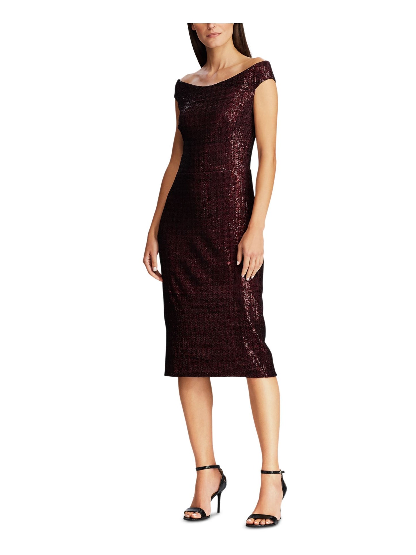 Ralph Lauren Women's Sequined Cap Sleeve Boat Neck MIDI Sheath Cocktail Dress Black Size 0