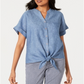 चार्टर क्लब महिला पेटीट लिनन टाई-फ्रंट शर्ट ब्लू ओशन साइज़ PXL