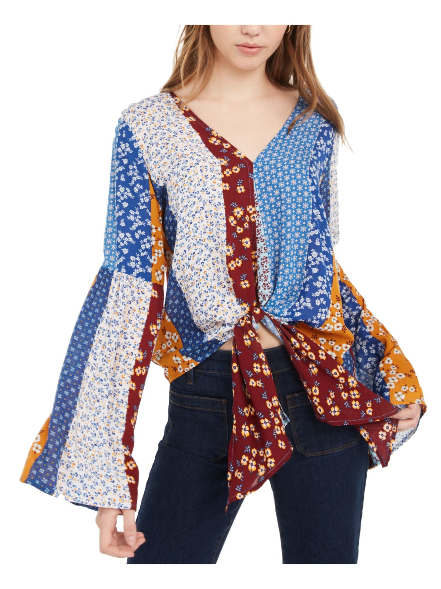 POLLY & ESTHER Women's  Tie Printed Bell Sleeve V Neck Blouse Top Blue Multi Size M
