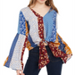 POLLY & ESTHER Women's  Tie Printed Bell Sleeve V Neck Blouse Top Blue Multi Size M