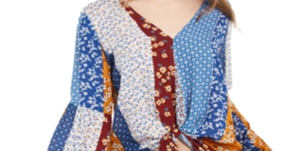 POLLY & ESTHER Women's  Tie Printed Bell Sleeve V Neck Blouse Top Blue Multi Size M