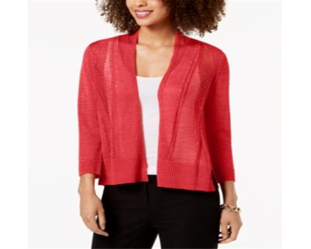 Alfani Women's  Petite Mixed-Stitch Open-Front Cardigan  - Coral Branch Red Size  Petite XL