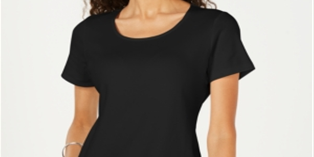 Karen Scott Women's Petite Cotton Scoop-Neck Top Deep Black Size  PL