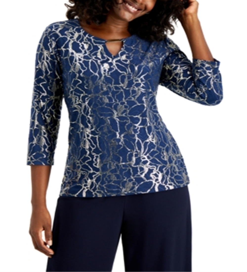 JM Collection Women's Metallic Embroidered Top Intrepid Blue Size XS