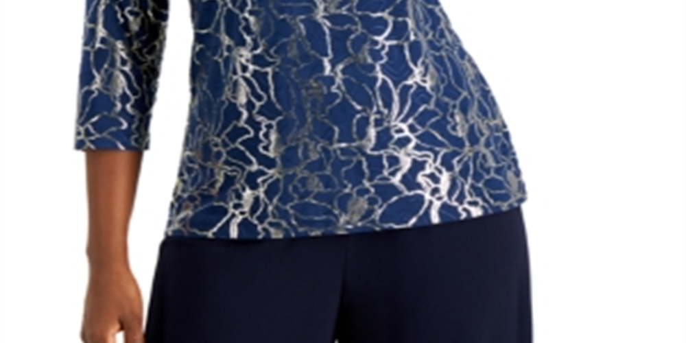 JM Collection Women's Metallic Embroidered Top Intrepid Blue Size XS
