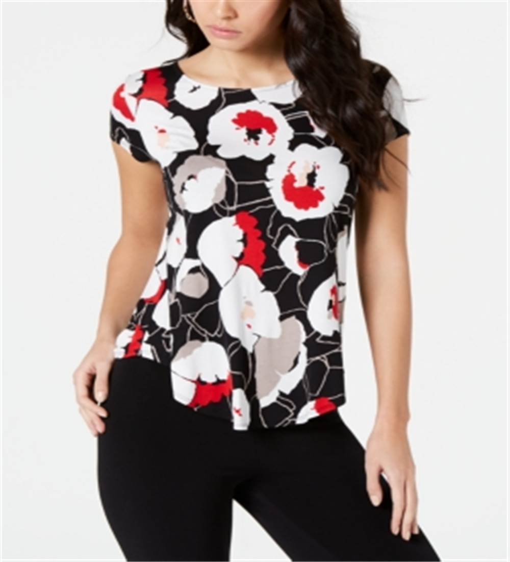 Alfani Women's  Petite Printed Round-Hem T-Shirt   Black Size Petite M
