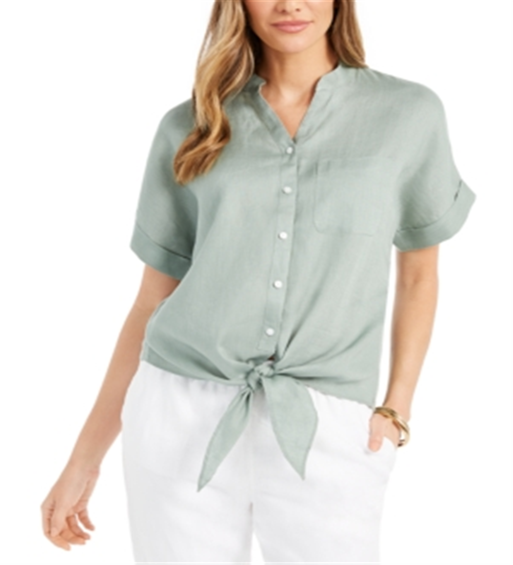 Charter Club Women's Linen Tie-Front Button-up Shirt  Green Size M