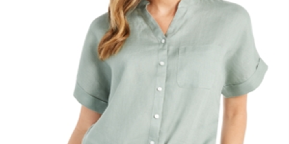 Charter Club Women's Linen Tie-Front Button-up Shirt  Green Size M