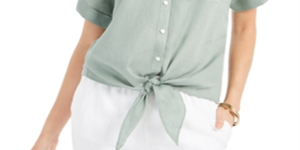 Charter Club Women's Linen Tie-Front Button-up Shirt  Green Size M